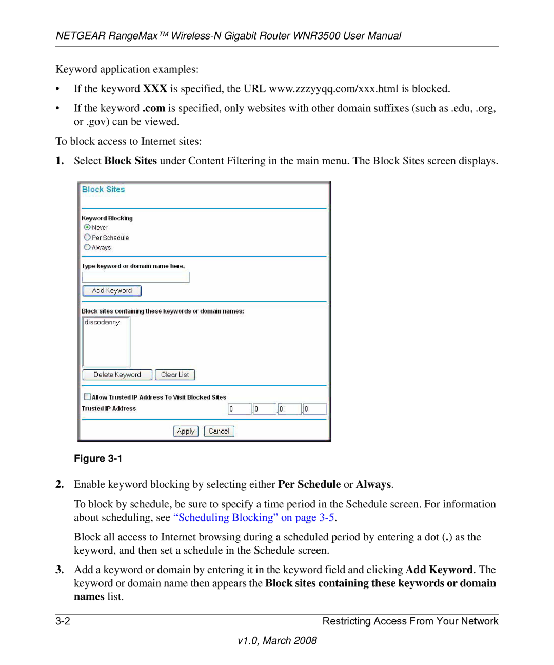 NETGEAR WNR3500 user manual Restricting Access From Your Network 