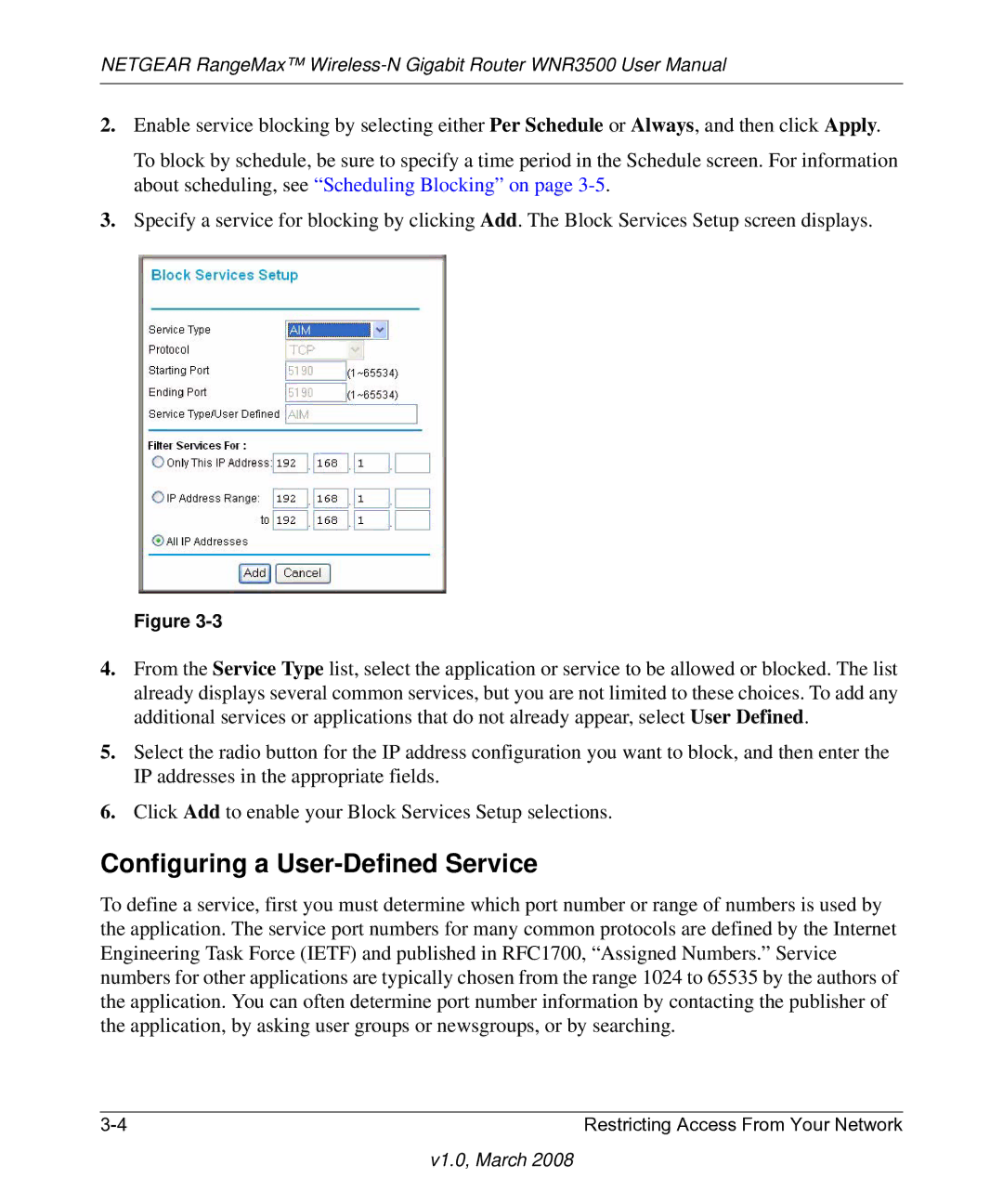 NETGEAR WNR3500 user manual Configuring a User-Defined Service 