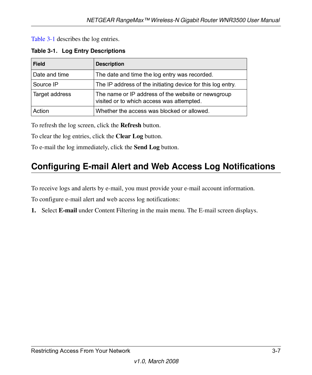 NETGEAR WNR3500 user manual Configuring E-mail Alert and Web Access Log Notifications, Log Entry Descriptions 