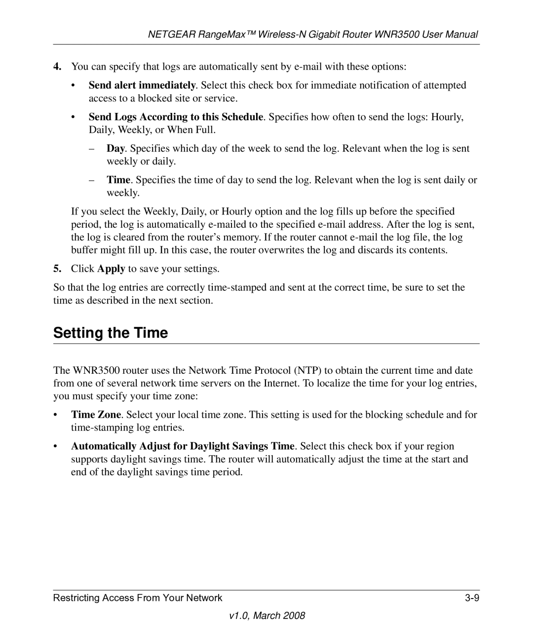 NETGEAR WNR3500 user manual Setting the Time 