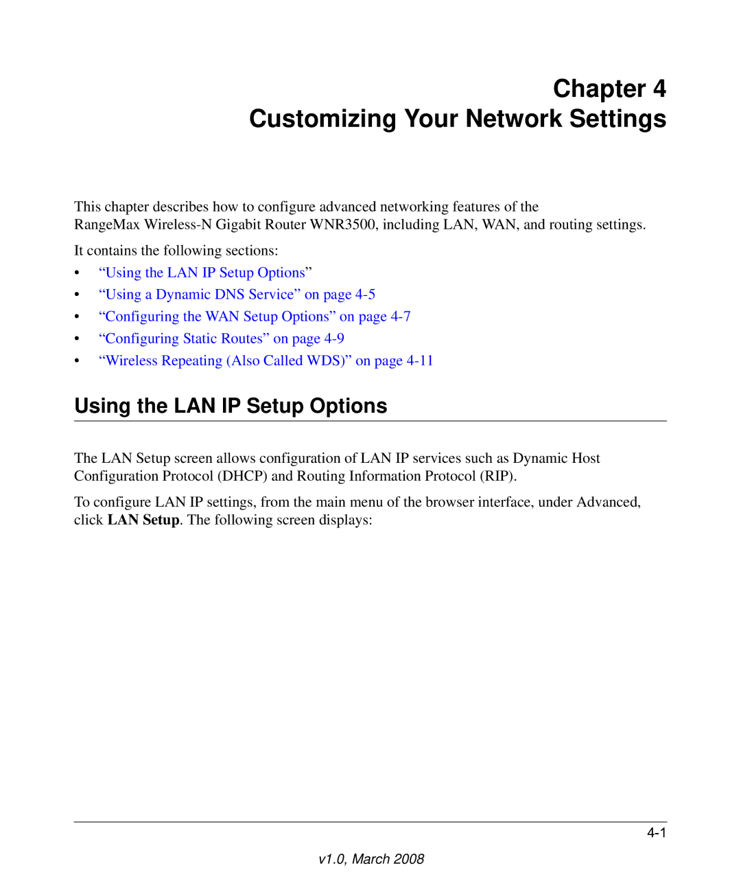 NETGEAR WNR3500 user manual Chapter Customizing Your Network Settings, Using the LAN IP Setup Options 