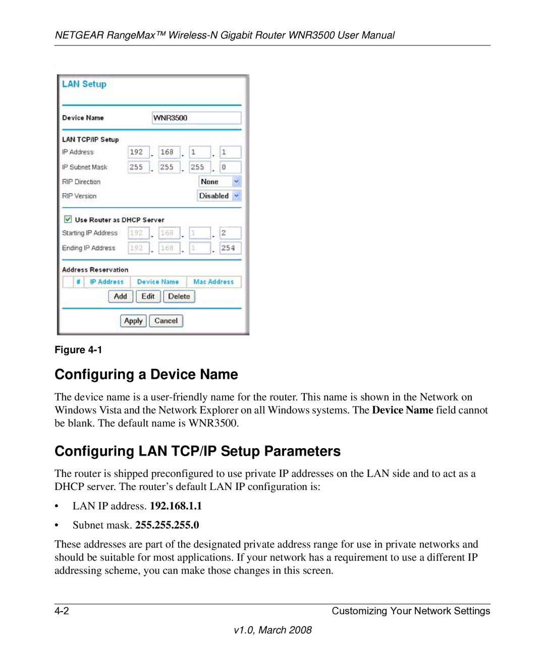 NETGEAR WNR3500 user manual Configuring a Device Name, Configuring LAN TCP/IP Setup Parameters 