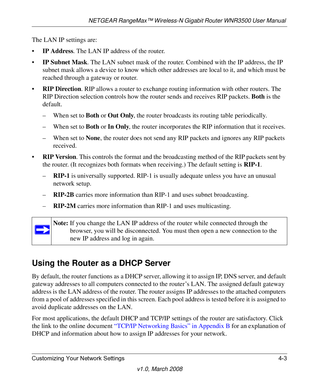 NETGEAR WNR3500 user manual Using the Router as a Dhcp Server 