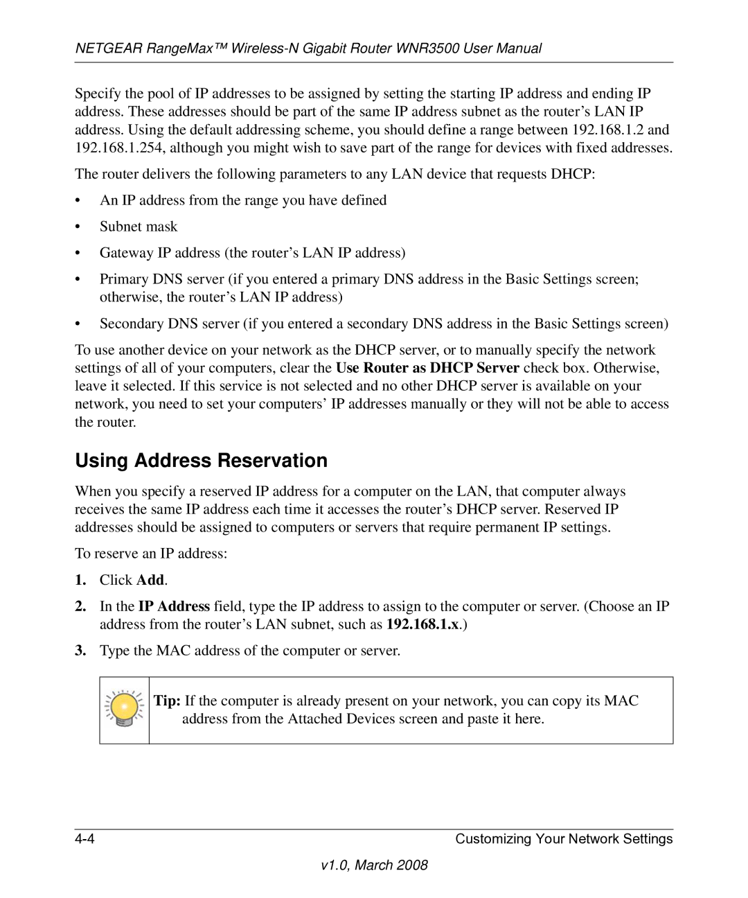 NETGEAR WNR3500 user manual Using Address Reservation 