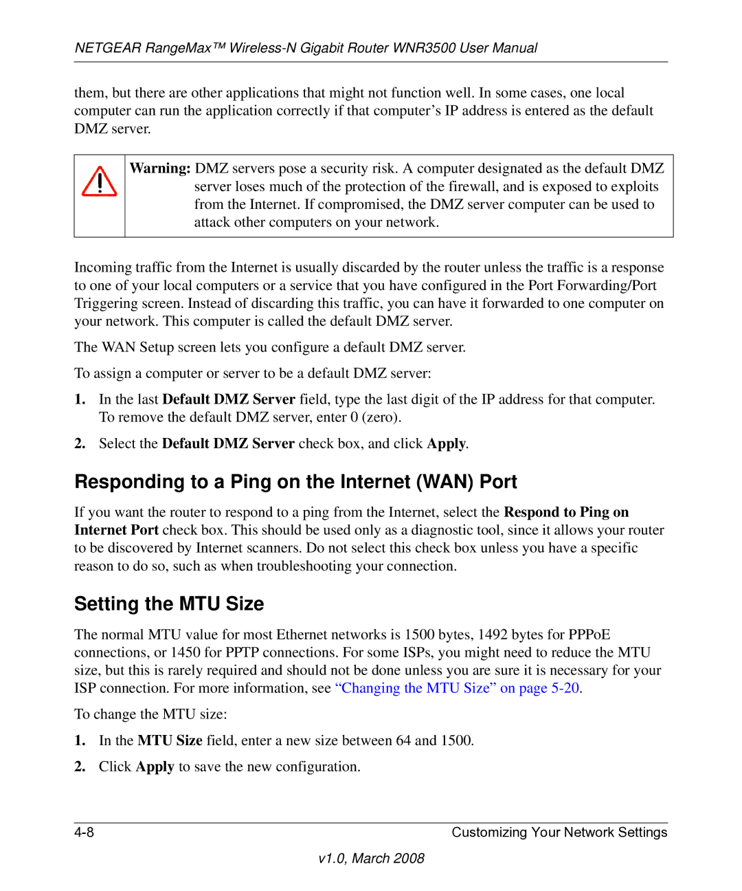 NETGEAR WNR3500 user manual Responding to a Ping on the Internet WAN Port, Setting the MTU Size 