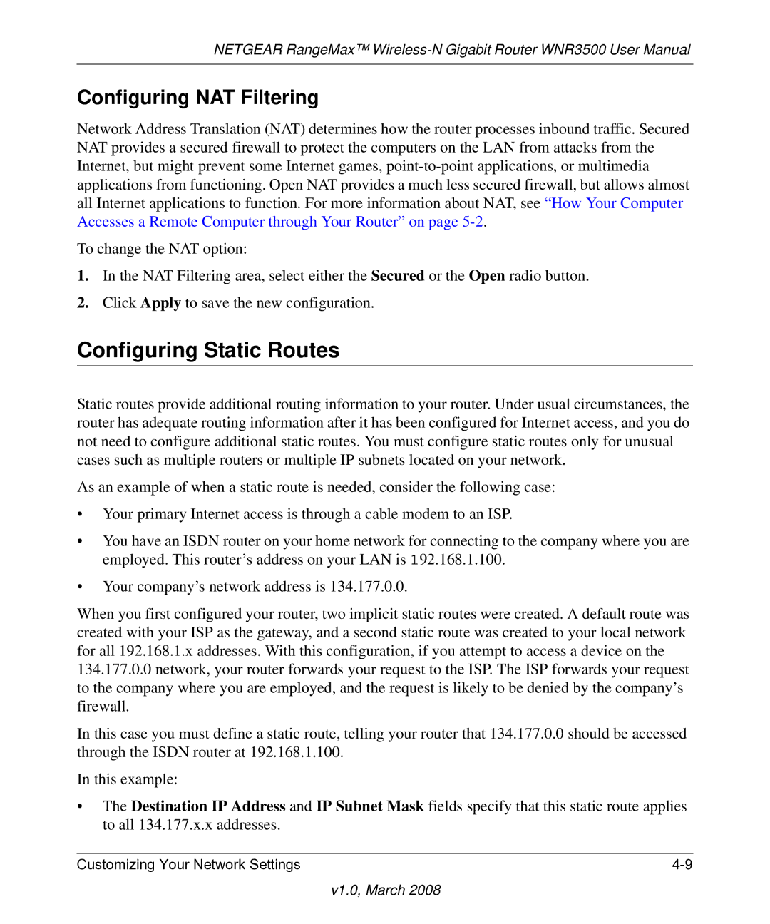 NETGEAR WNR3500 user manual Configuring Static Routes, Configuring NAT Filtering 