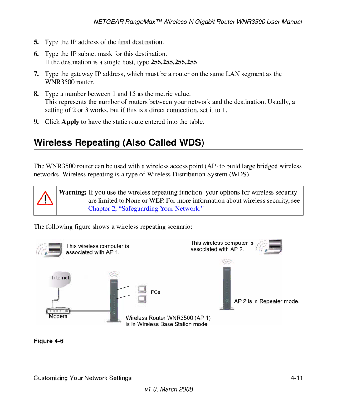 NETGEAR WNR3500 user manual Wireless Repeating Also Called WDS 