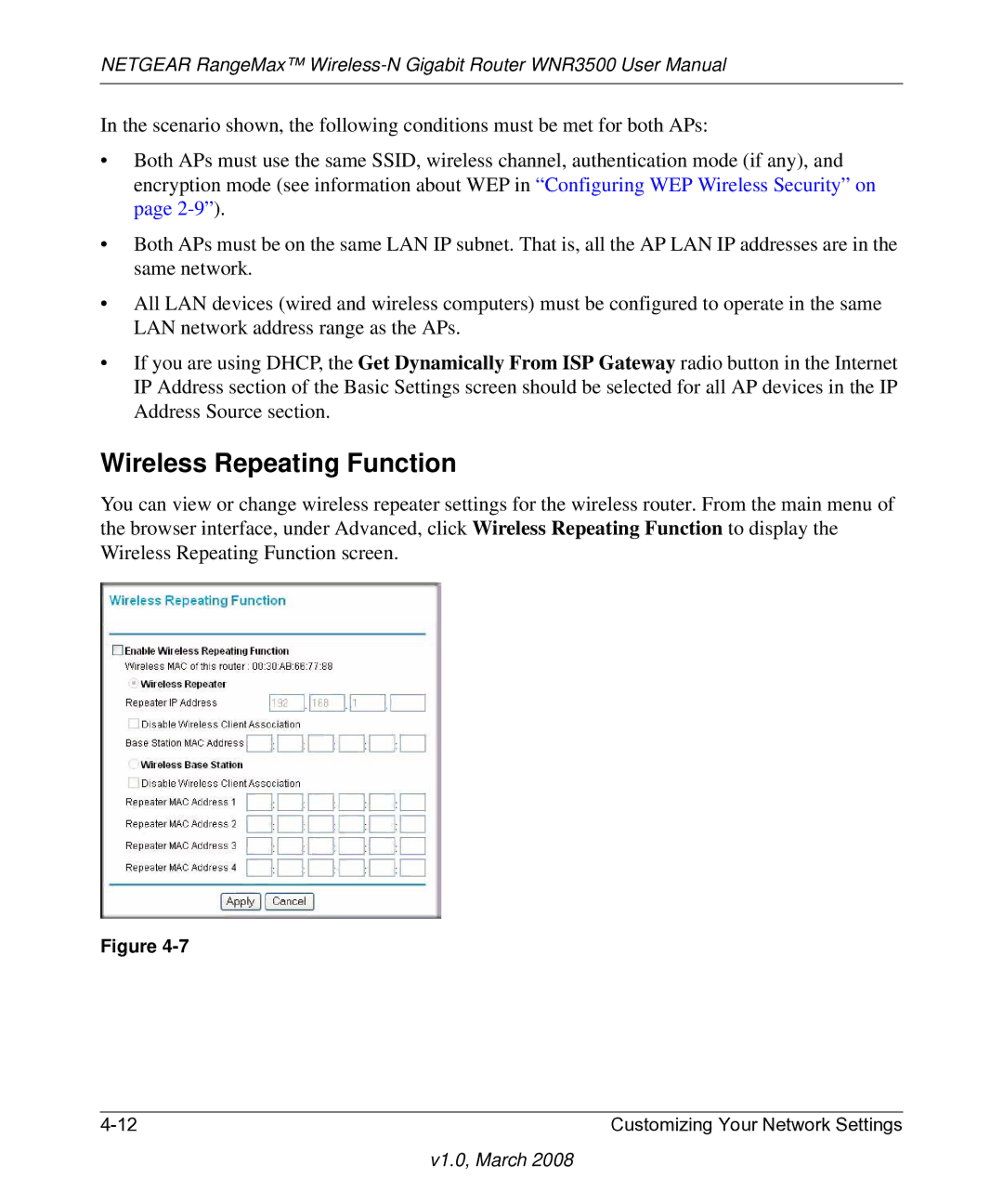 NETGEAR WNR3500 user manual Wireless Repeating Function 