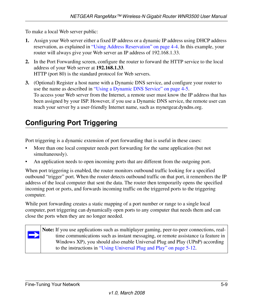 NETGEAR WNR3500 user manual Configuring Port Triggering 