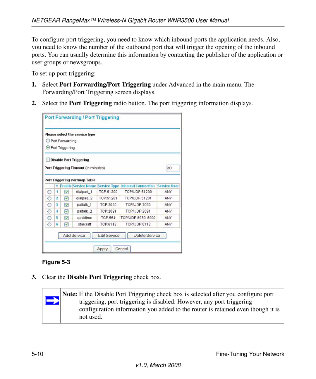 NETGEAR WNR3500 user manual Clear the Disable Port Triggering check box 