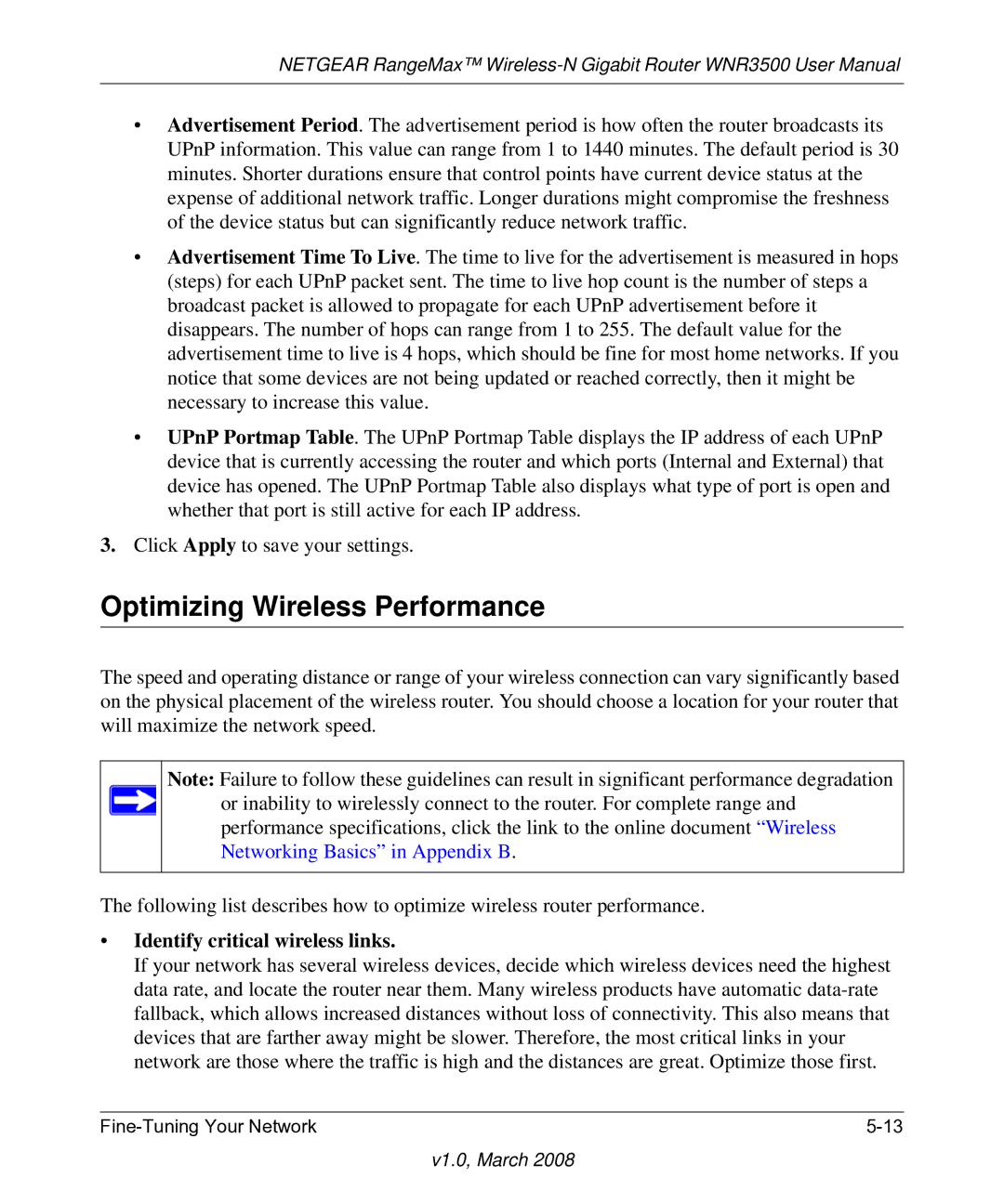 NETGEAR WNR3500 user manual Optimizing Wireless Performance, Identify critical wireless links 