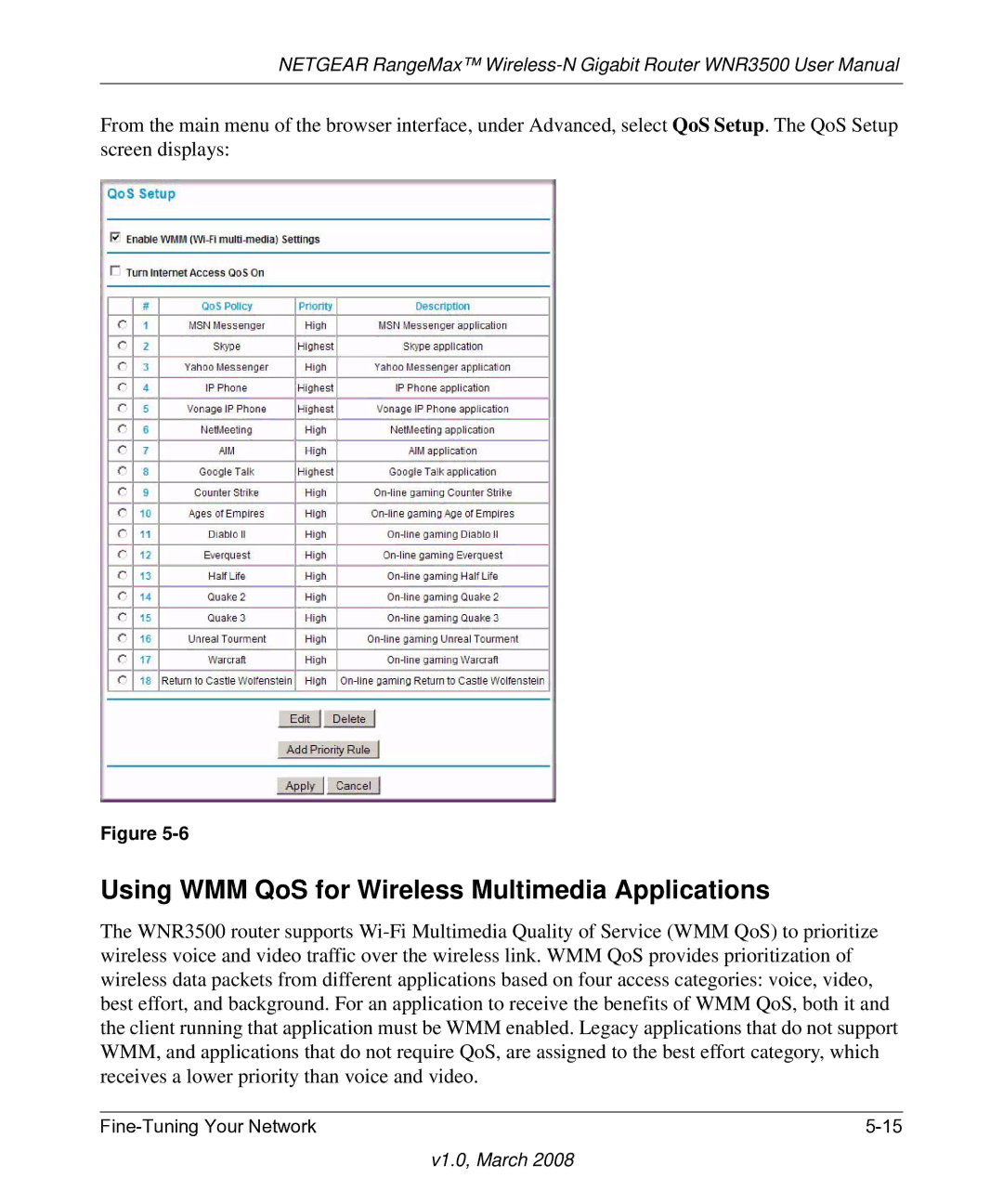 NETGEAR WNR3500 user manual Using WMM QoS for Wireless Multimedia Applications 