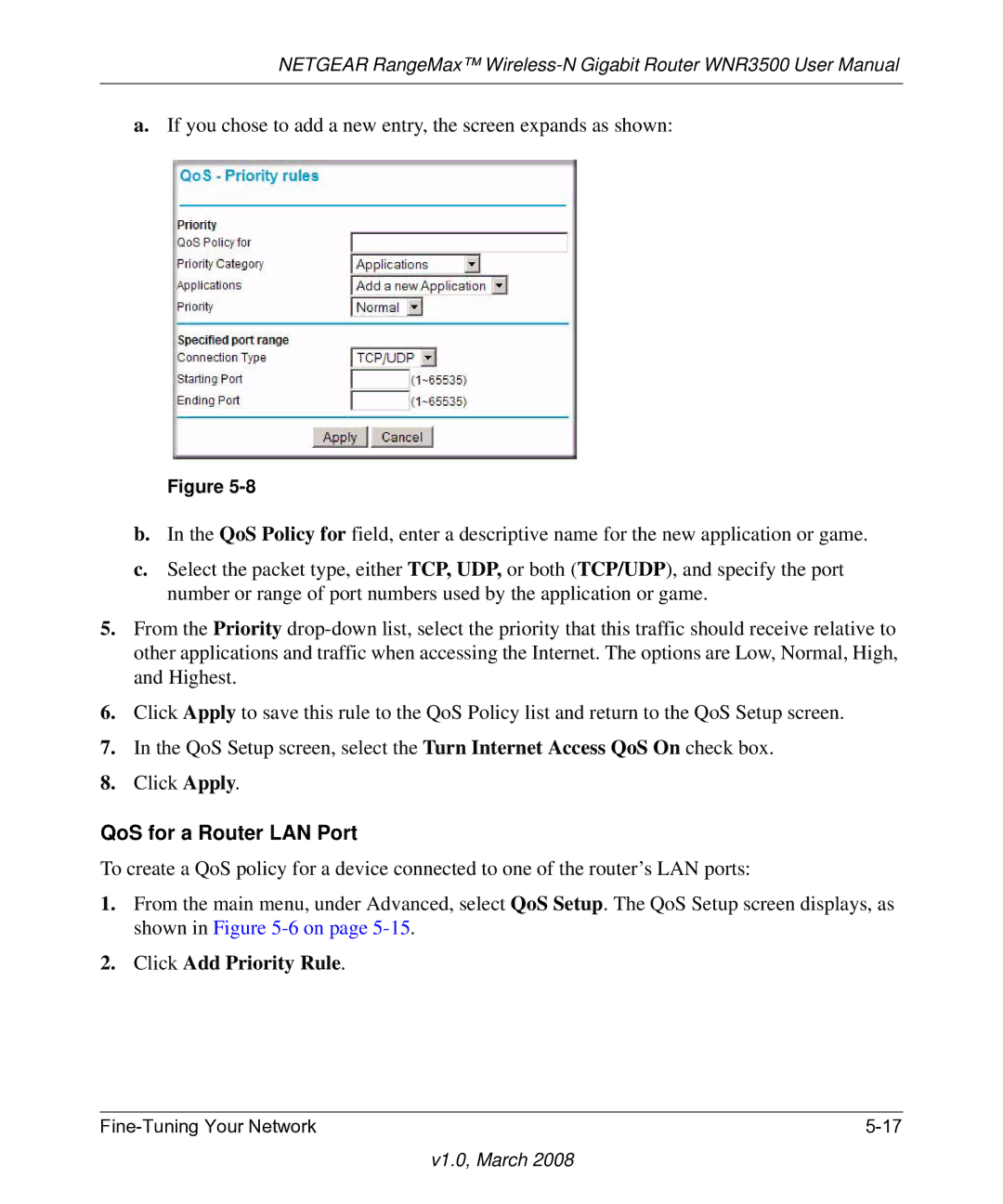 NETGEAR WNR3500 user manual QoS for a Router LAN Port, Click Add Priority Rule 