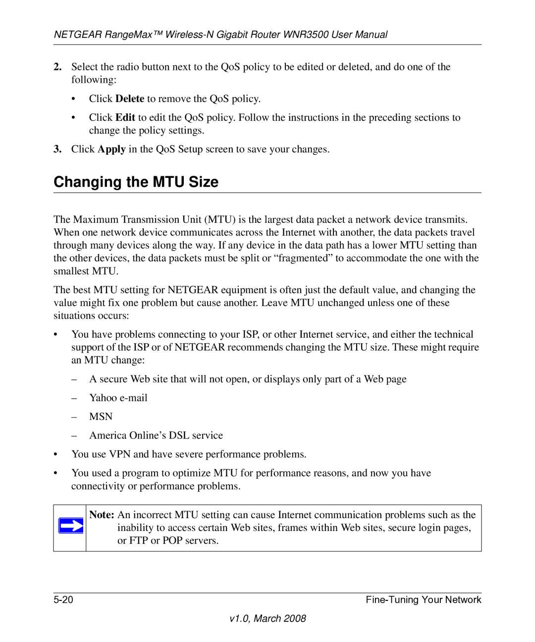 NETGEAR WNR3500 user manual Changing the MTU Size, Msn 