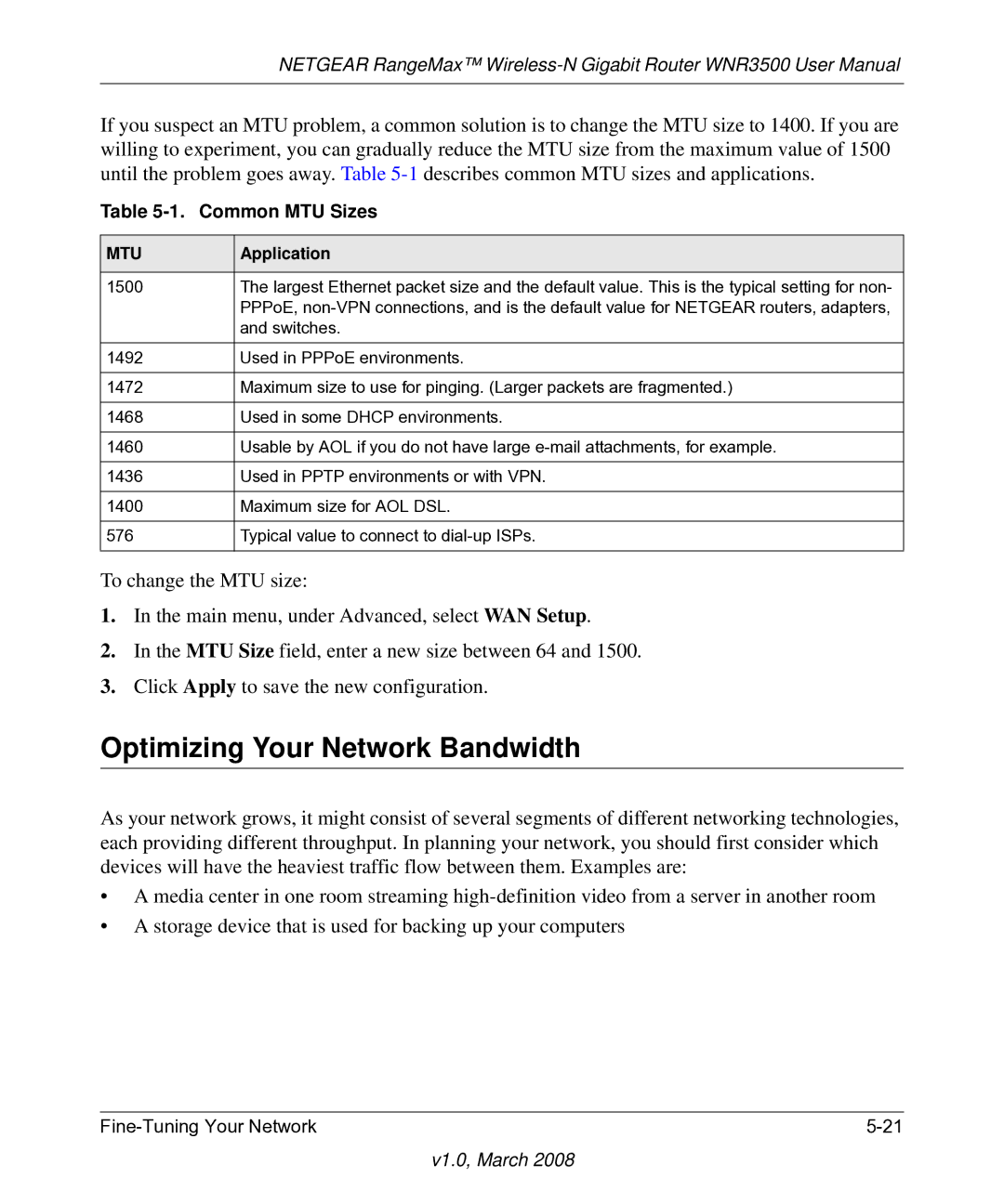 NETGEAR WNR3500 user manual Optimizing Your Network Bandwidth, Common MTU Sizes 