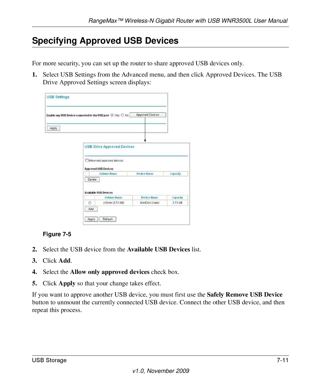 NETGEAR WNR3500L-100NAS user manual Specifying Approved USB Devices, Select the Allow only approved devices check box 