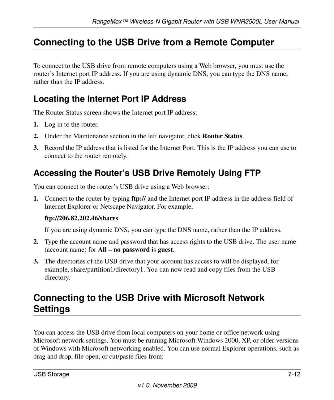 NETGEAR WNR3500L user manual Connecting to the USB Drive from a Remote Computer, Locating the Internet Port IP Address 