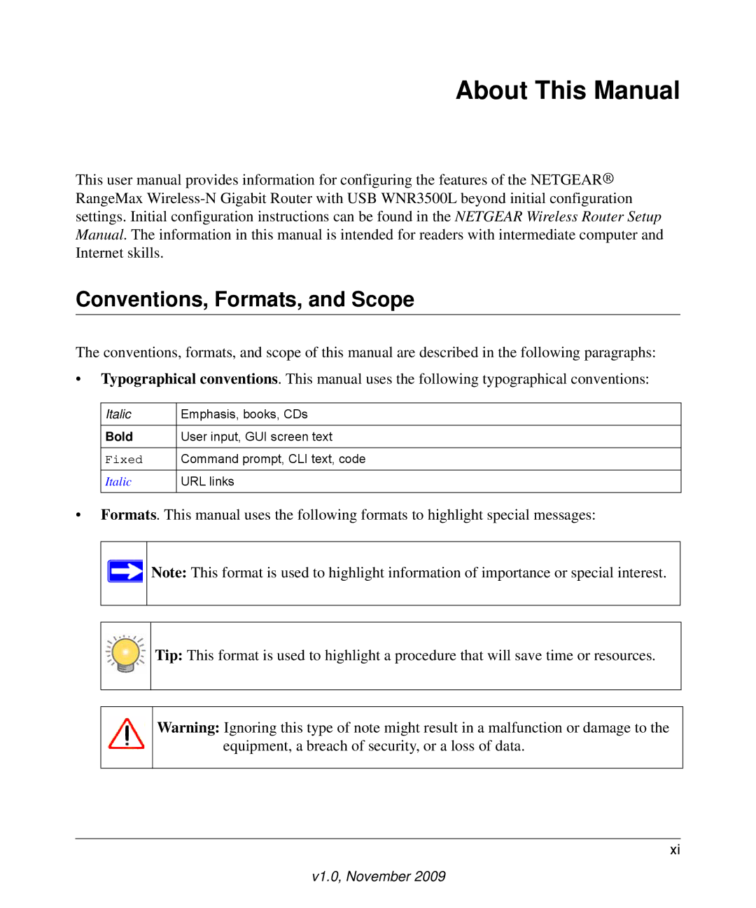 NETGEAR WNR3500L-100NAS user manual About This Manual, Conventions, Formats, and Scope 