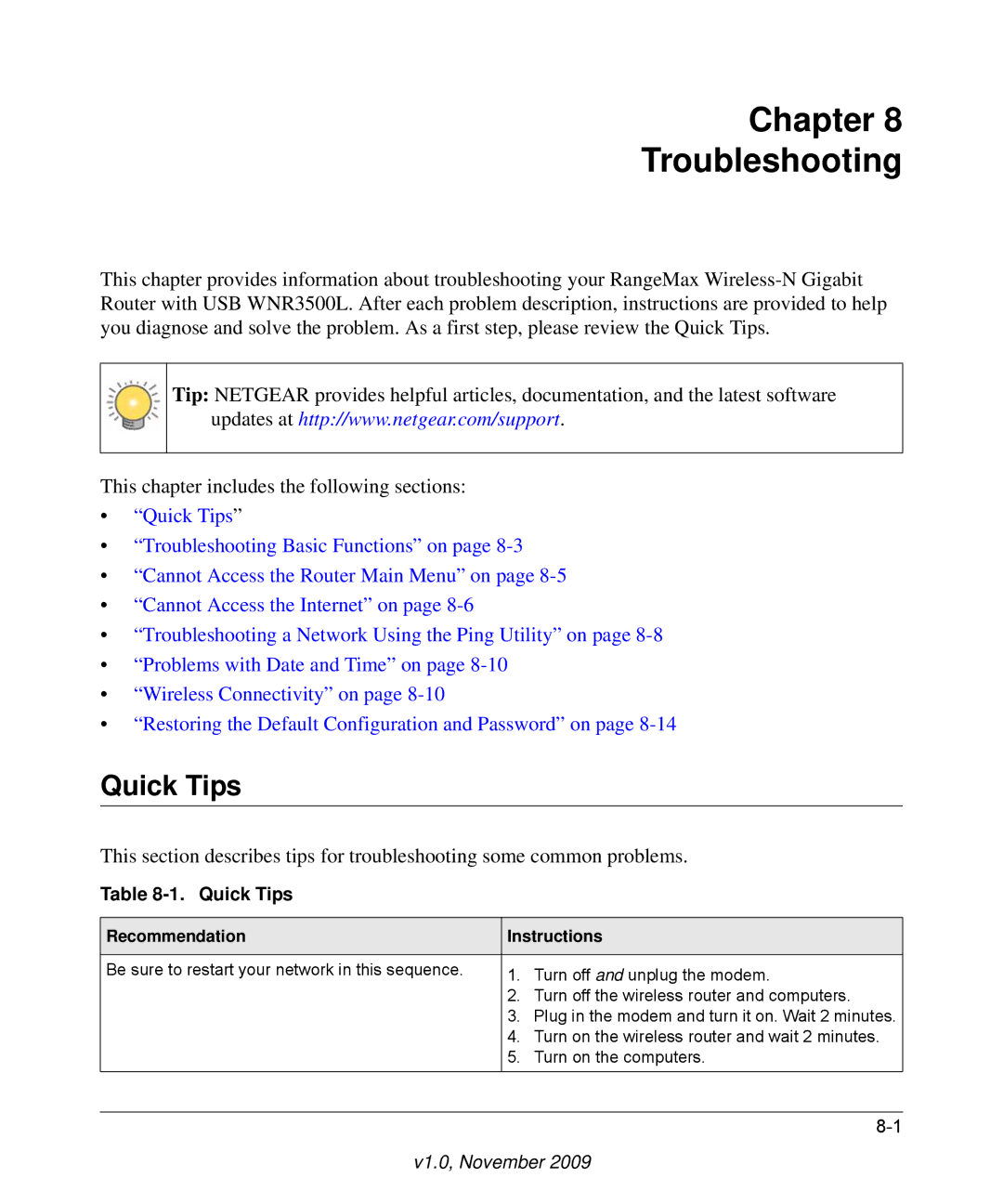 NETGEAR WNR3500L-100NAS user manual Chapter Troubleshooting, Quick Tips, Recommendation Instructions 