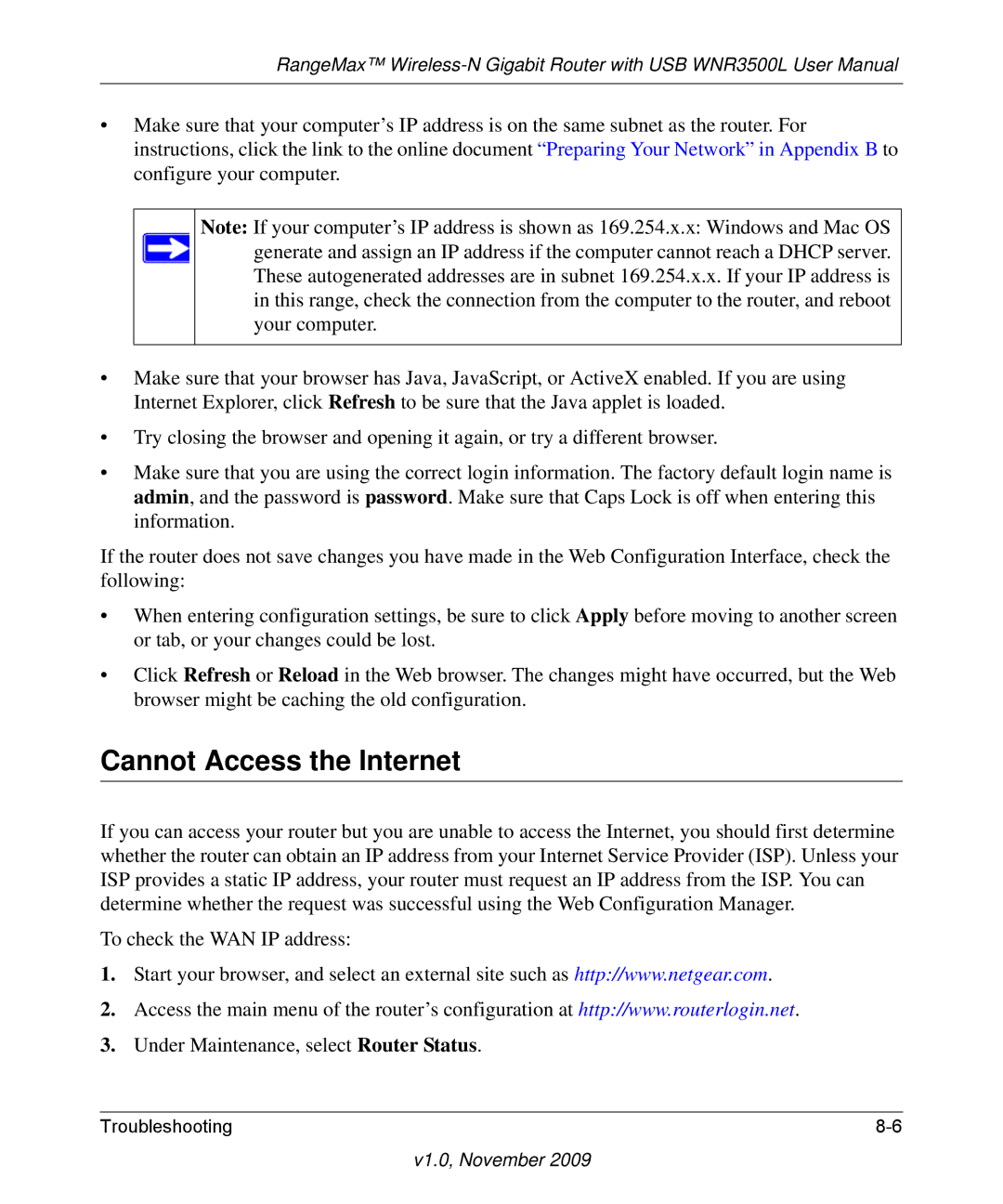 NETGEAR WNR3500L-100NAS user manual Cannot Access the Internet 