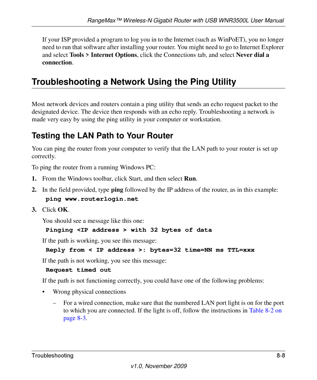 NETGEAR WNR3500L-100NAS user manual Troubleshooting a Network Using the Ping Utility, Testing the LAN Path to Your Router 