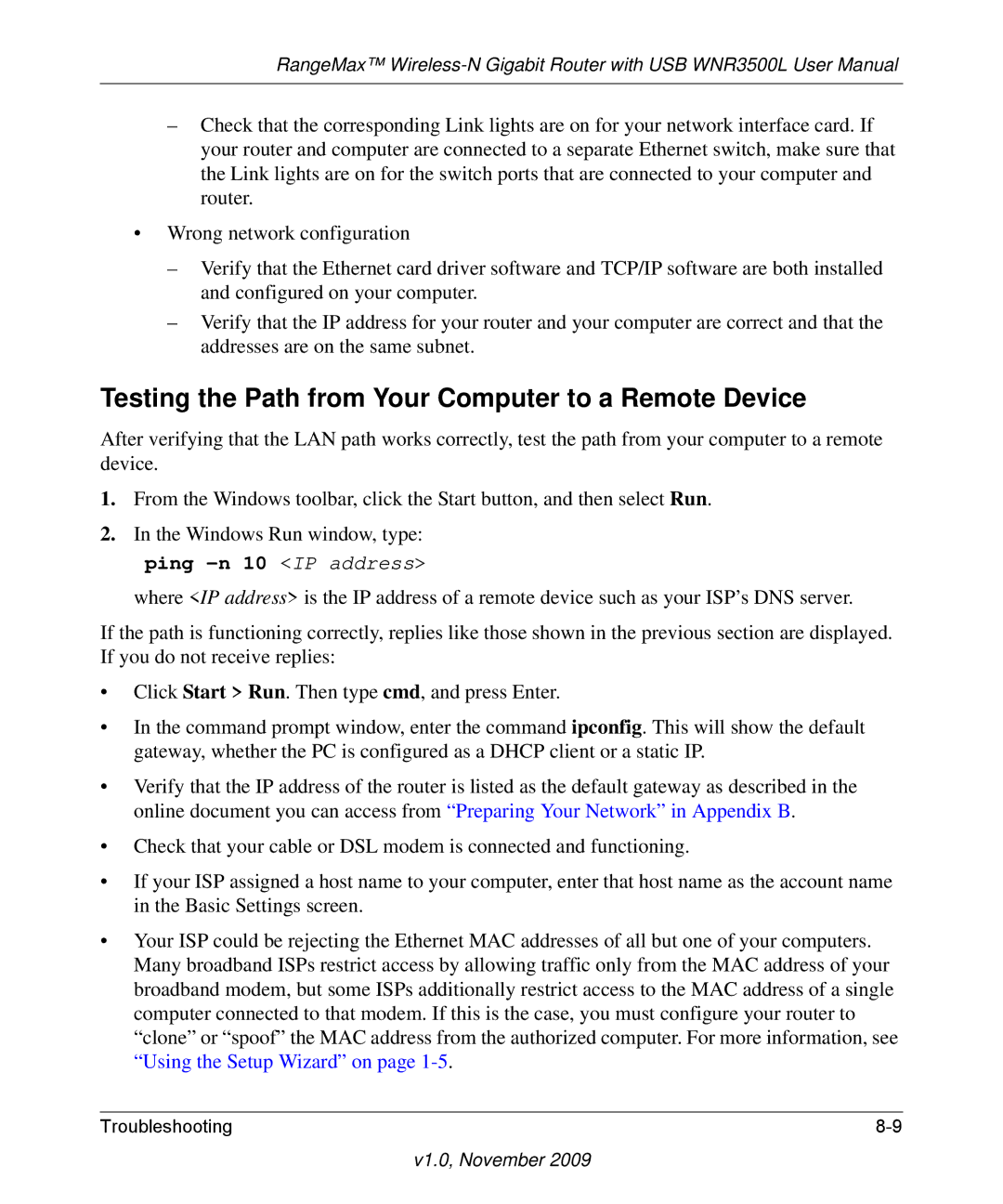 NETGEAR WNR3500L-100NAS user manual Testing the Path from Your Computer to a Remote Device, Ping -n 10 IP address 