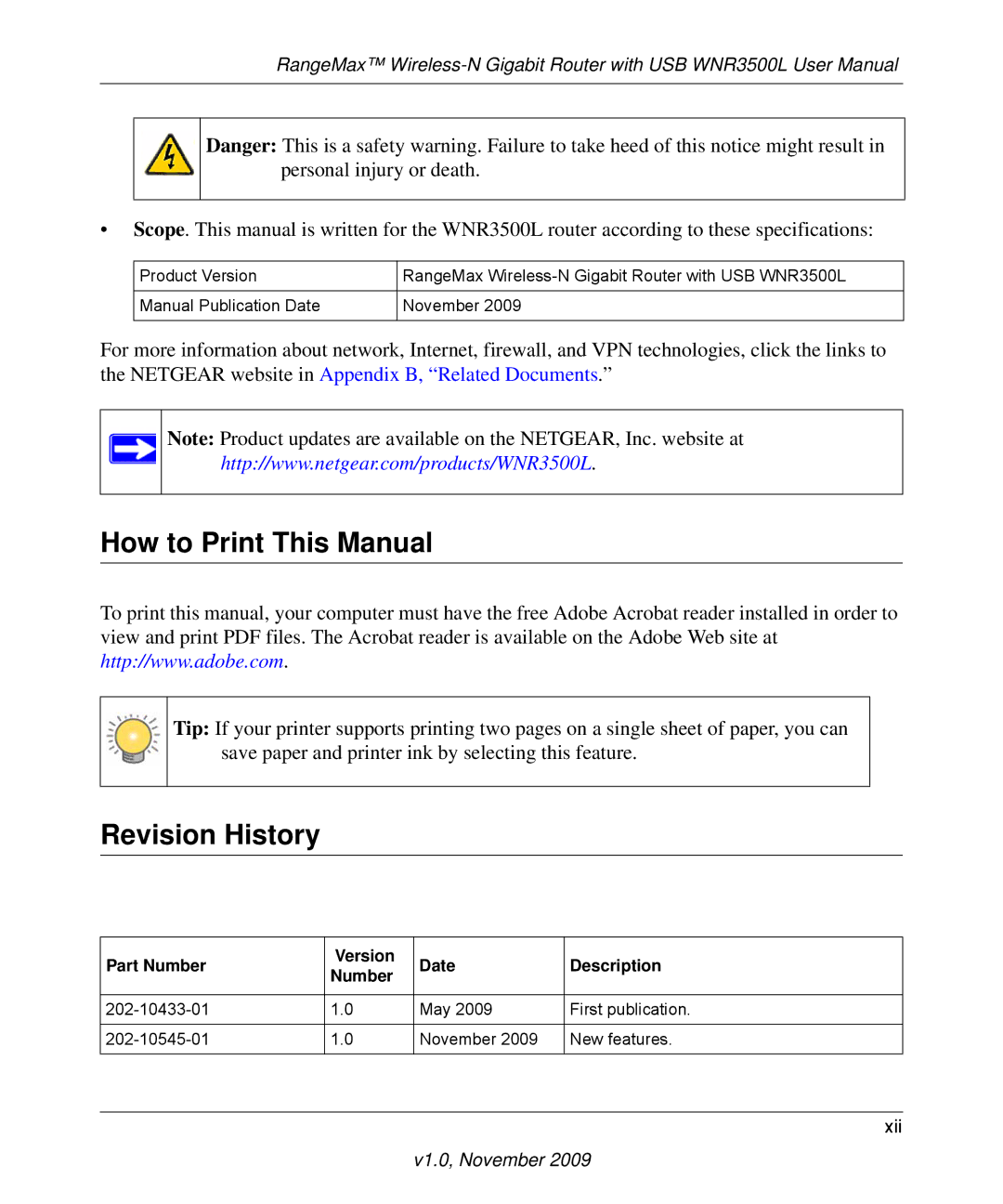 NETGEAR WNR3500L-100NAS user manual How to Print This Manual, Revision History, Part Number Version Date Description 