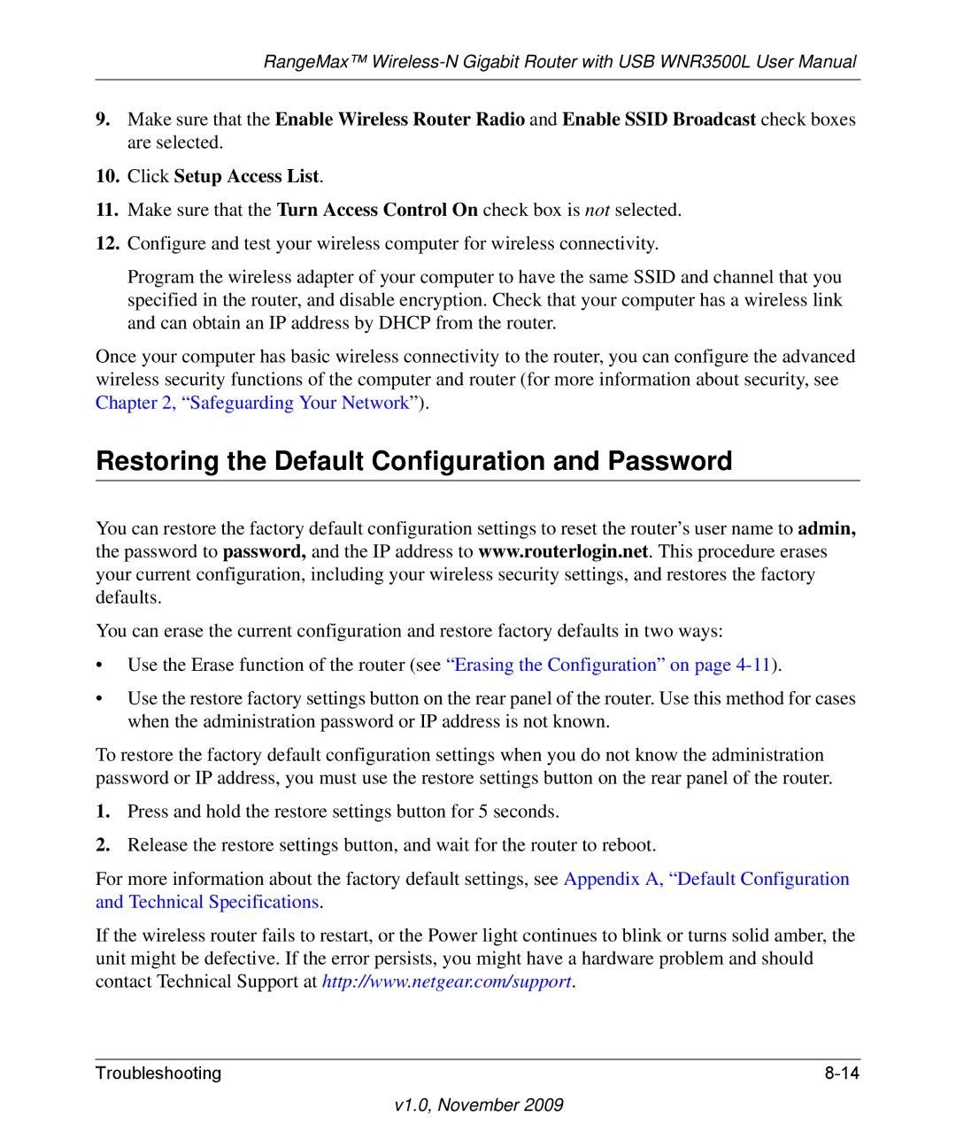 NETGEAR WNR3500L-100NAS user manual Restoring the Default Configuration and Password 