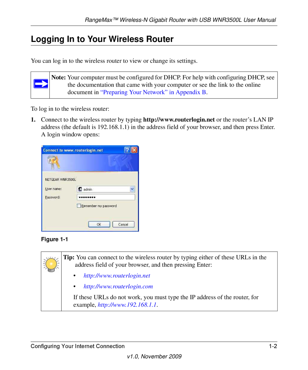 NETGEAR WNR3500L-100NAS user manual Logging In to Your Wireless Router 