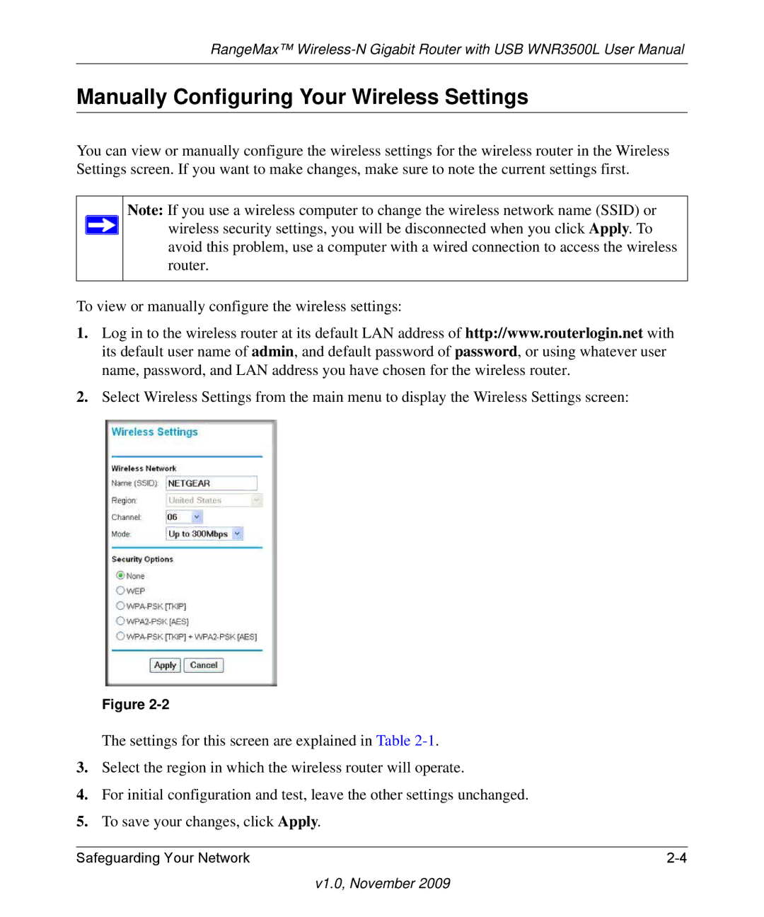 NETGEAR WNR3500L-100NAS user manual Manually Configuring Your Wireless Settings 