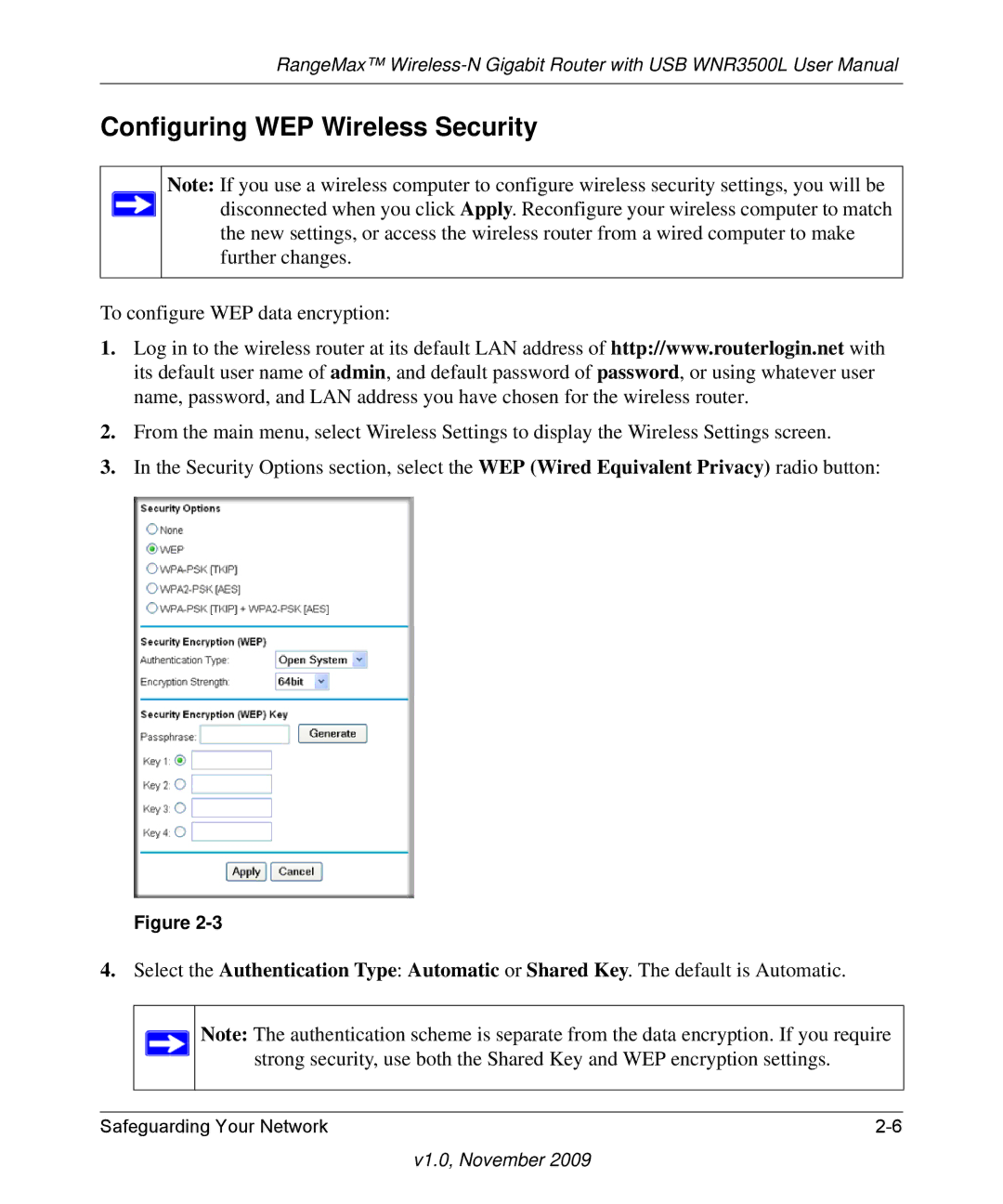 NETGEAR WNR3500L-100NAS user manual Configuring WEP Wireless Security 