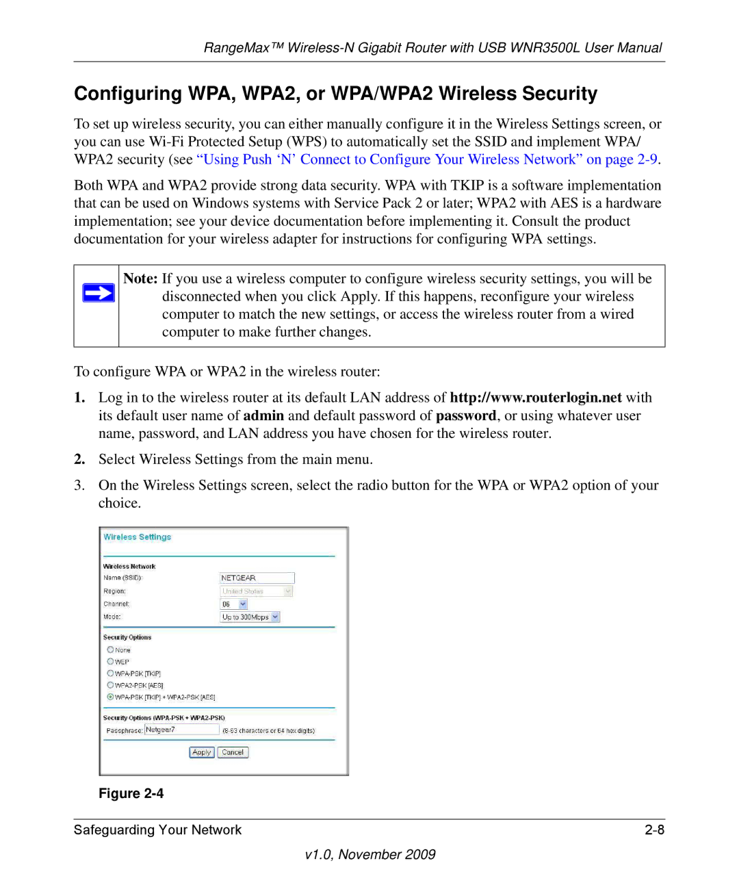 NETGEAR WNR3500L-100NAS user manual Configuring WPA, WPA2, or WPA/WPA2 Wireless Security 