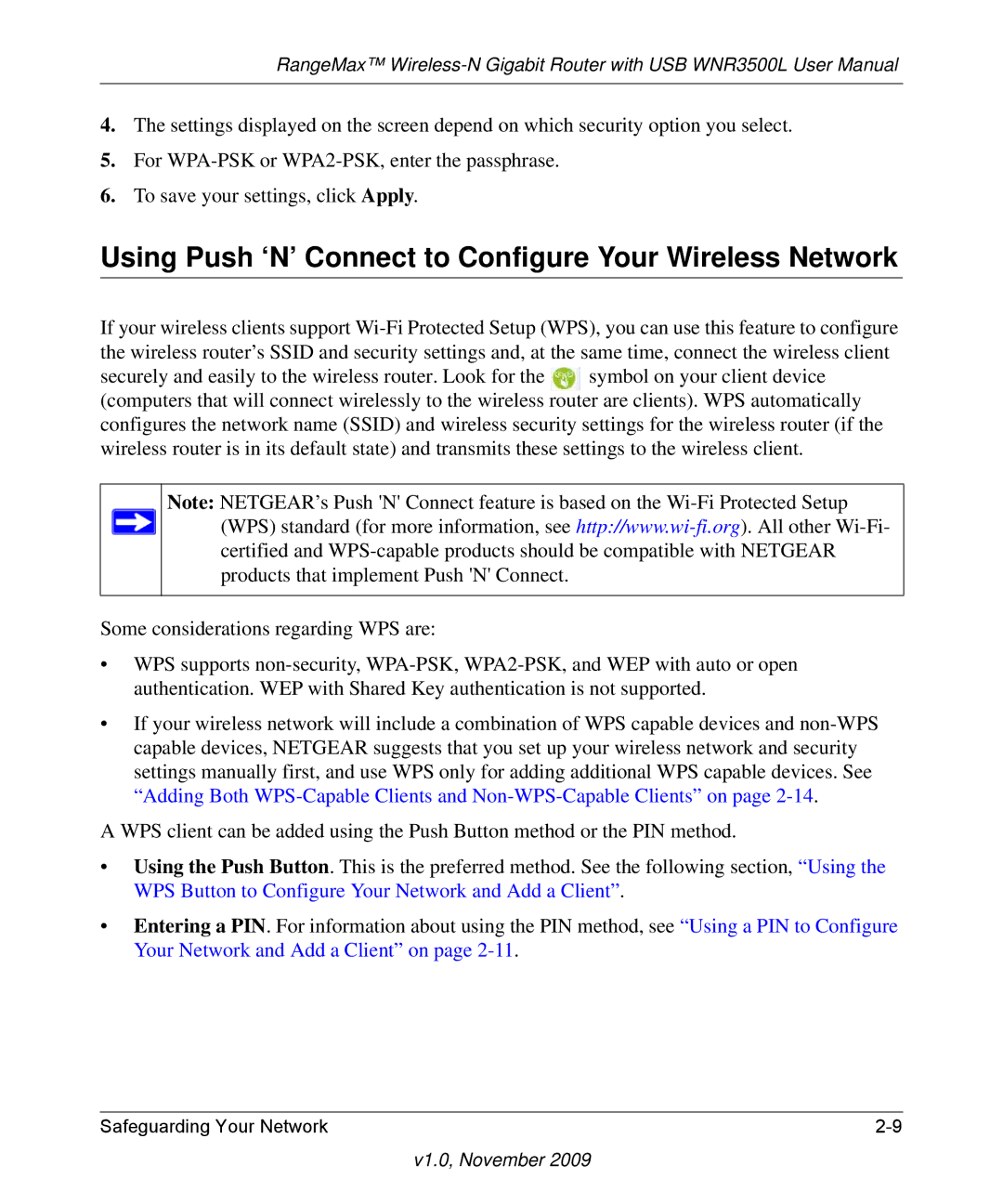 NETGEAR WNR3500L-100NAS user manual Using Push ‘N’ Connect to Configure Your Wireless Network 