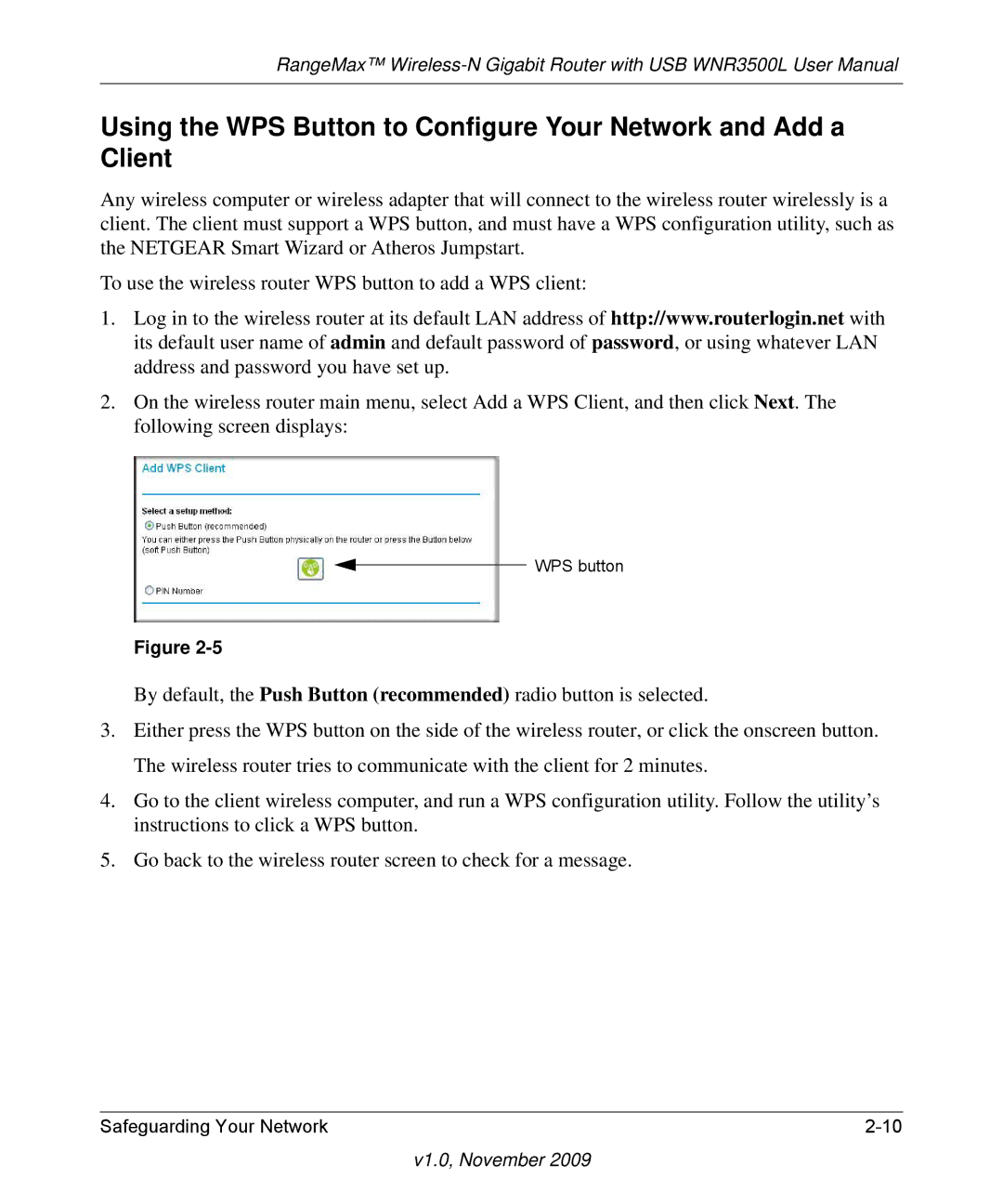 NETGEAR WNR3500L-100NAS user manual WPS button 