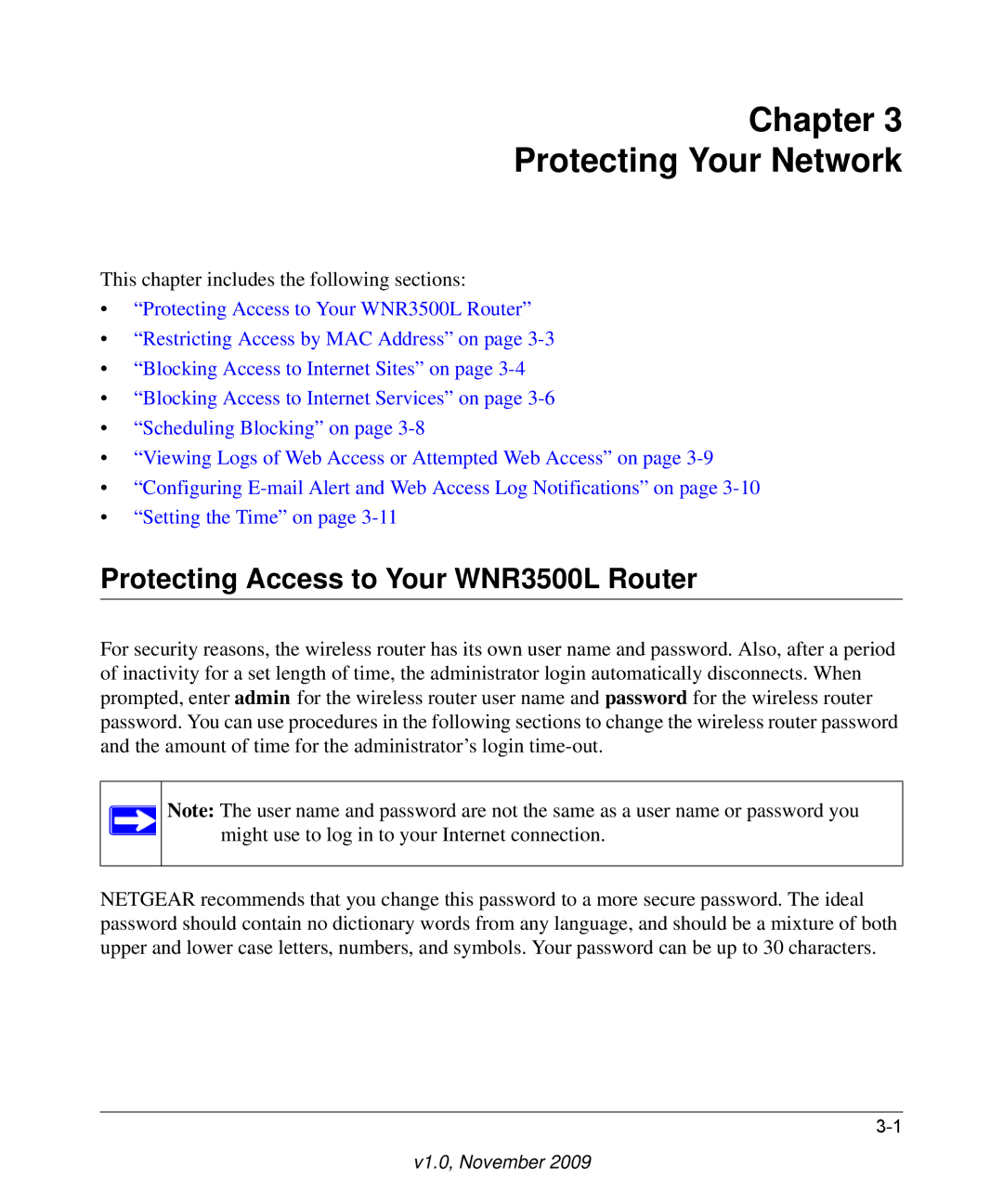 NETGEAR WNR3500L-100NAS user manual Chapter Protecting Your Network, Protecting Access to Your WNR3500L Router 