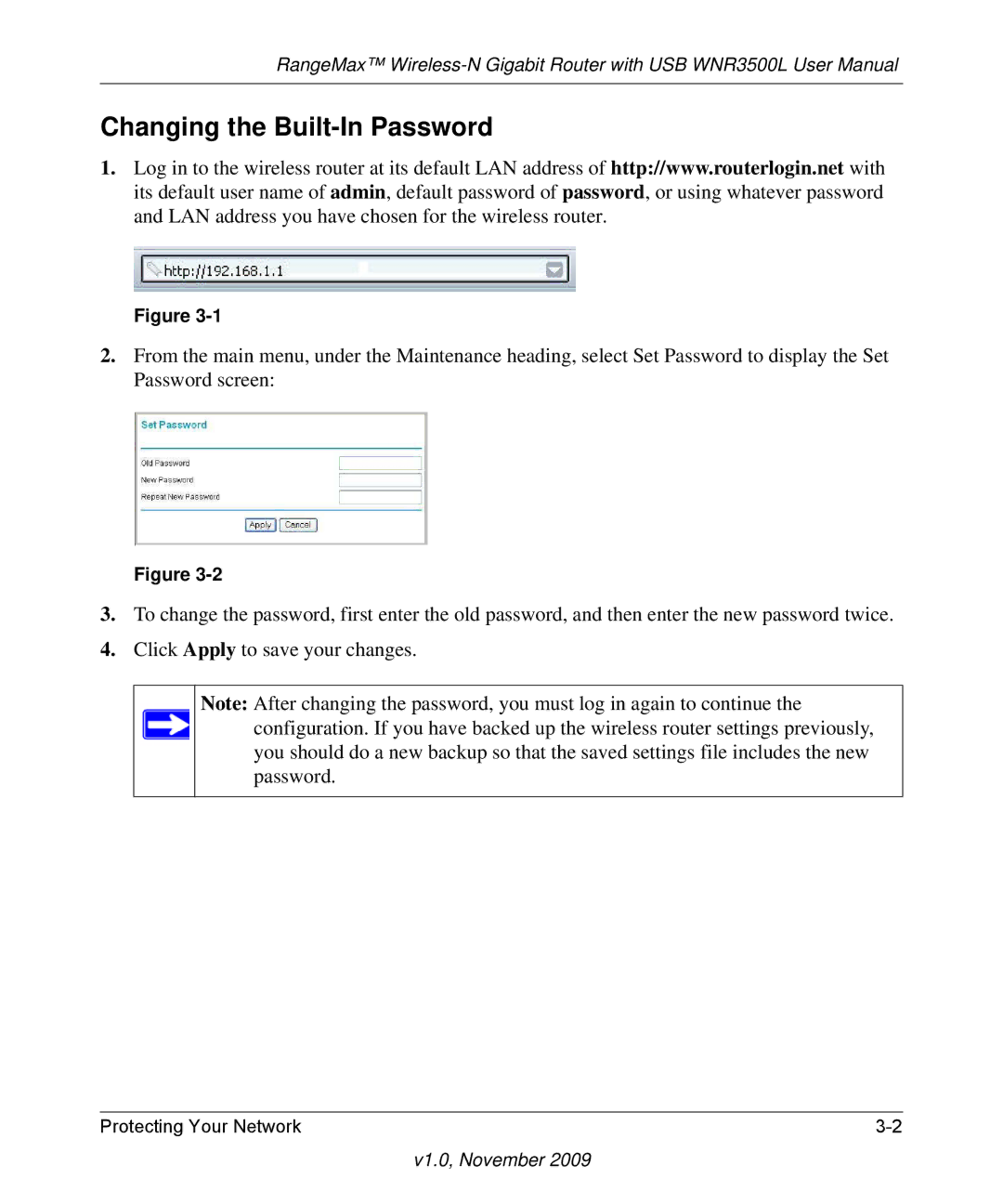 NETGEAR WNR3500L-100NAS user manual Changing the Built-In Password 