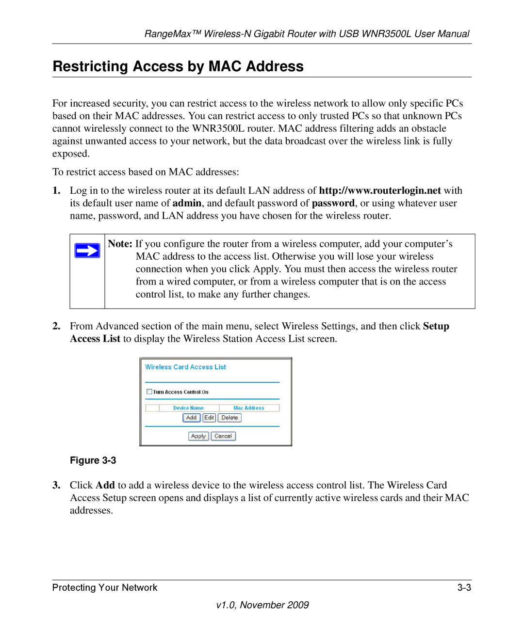 NETGEAR WNR3500L-100NAS user manual Restricting Access by MAC Address 