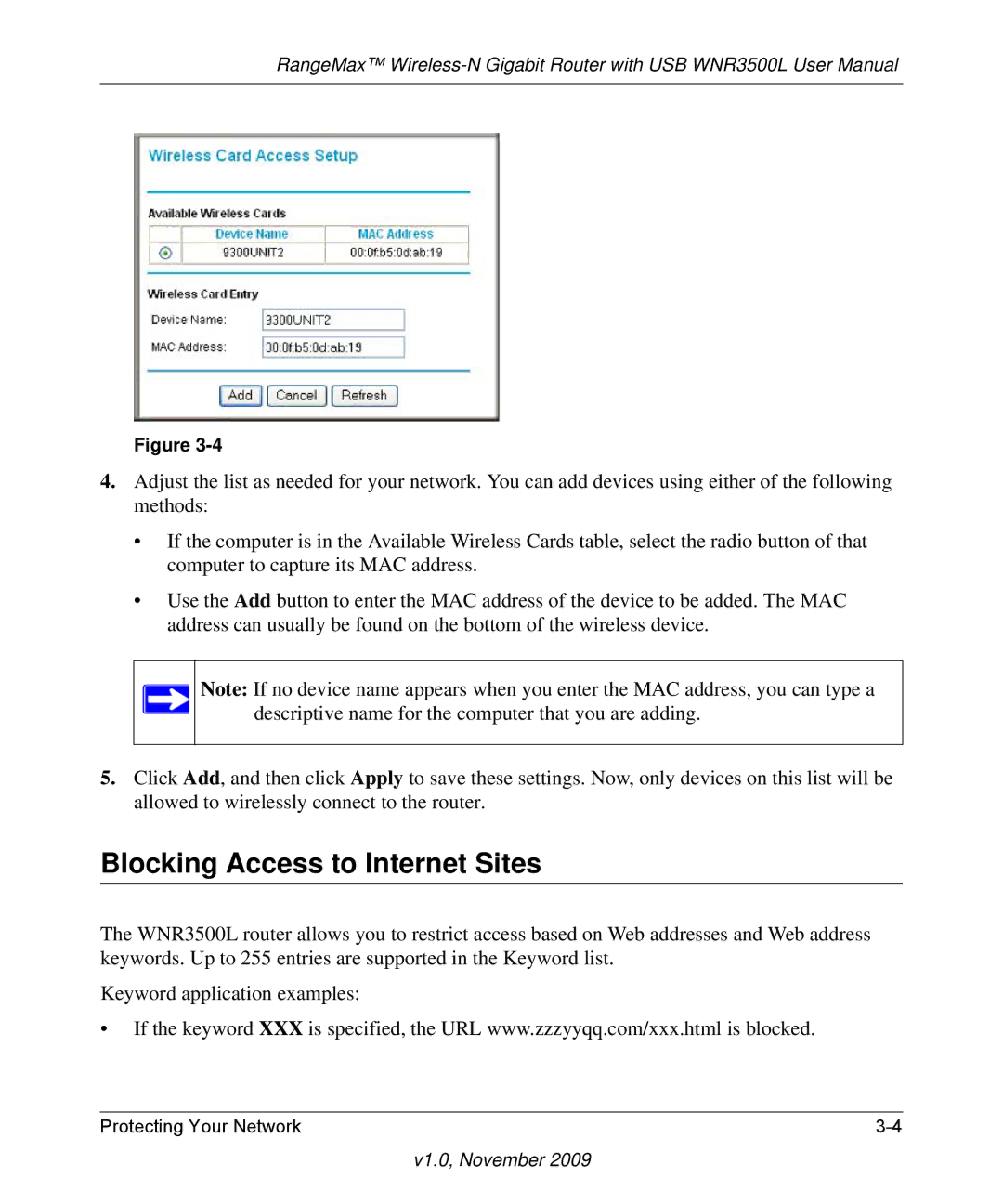 NETGEAR WNR3500L-100NAS user manual Blocking Access to Internet Sites 