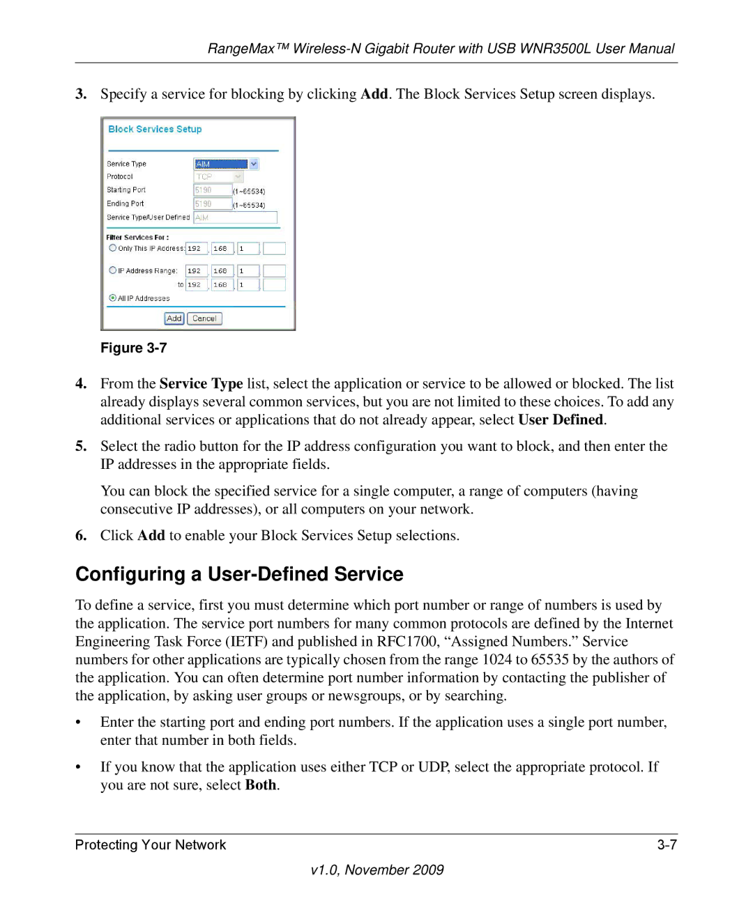 NETGEAR WNR3500L-100NAS user manual Configuring a User-Defined Service 