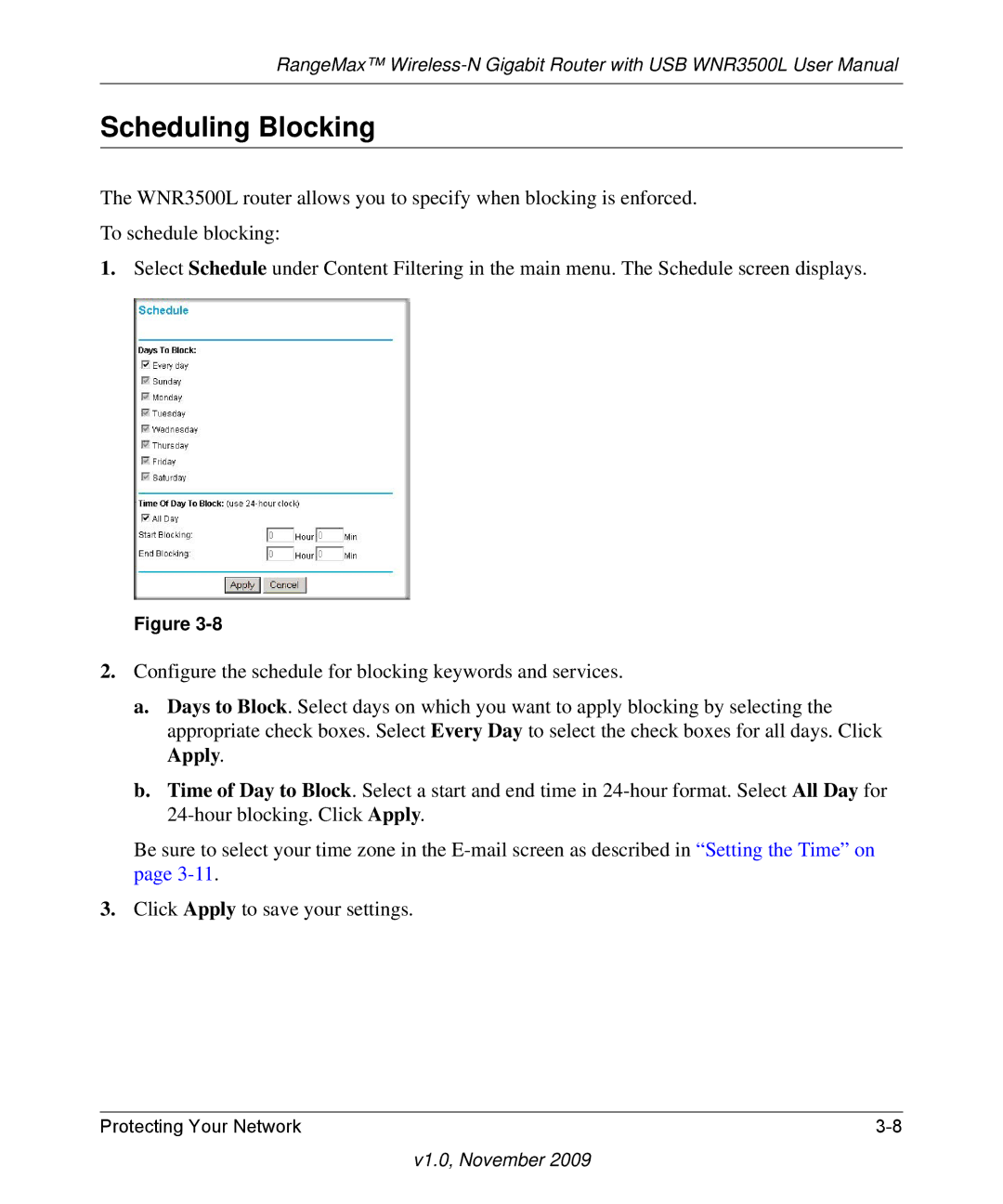 NETGEAR WNR3500L-100NAS user manual Scheduling Blocking 