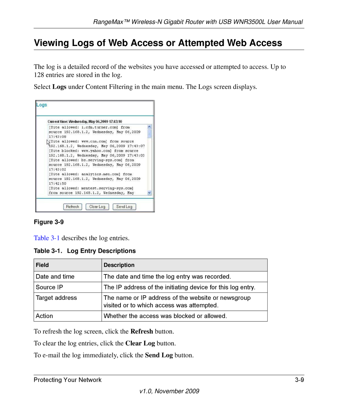 NETGEAR WNR3500L user manual Viewing Logs of Web Access or Attempted Web Access, Log Entry Descriptions, Field Description 