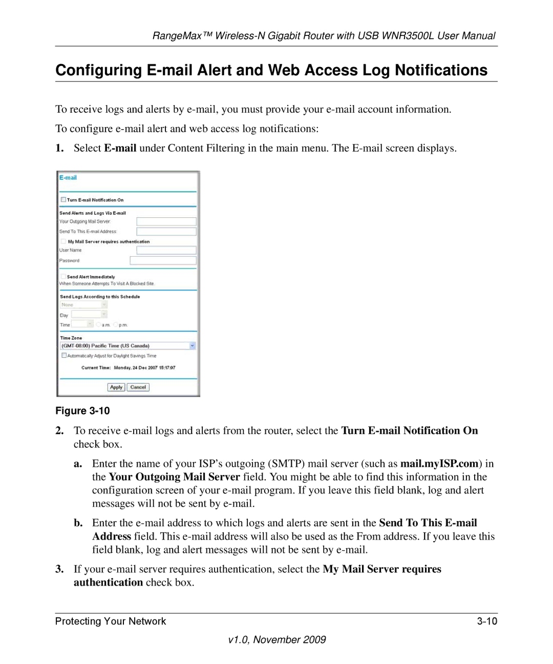 NETGEAR WNR3500L-100NAS user manual Configuring E-mail Alert and Web Access Log Notifications 