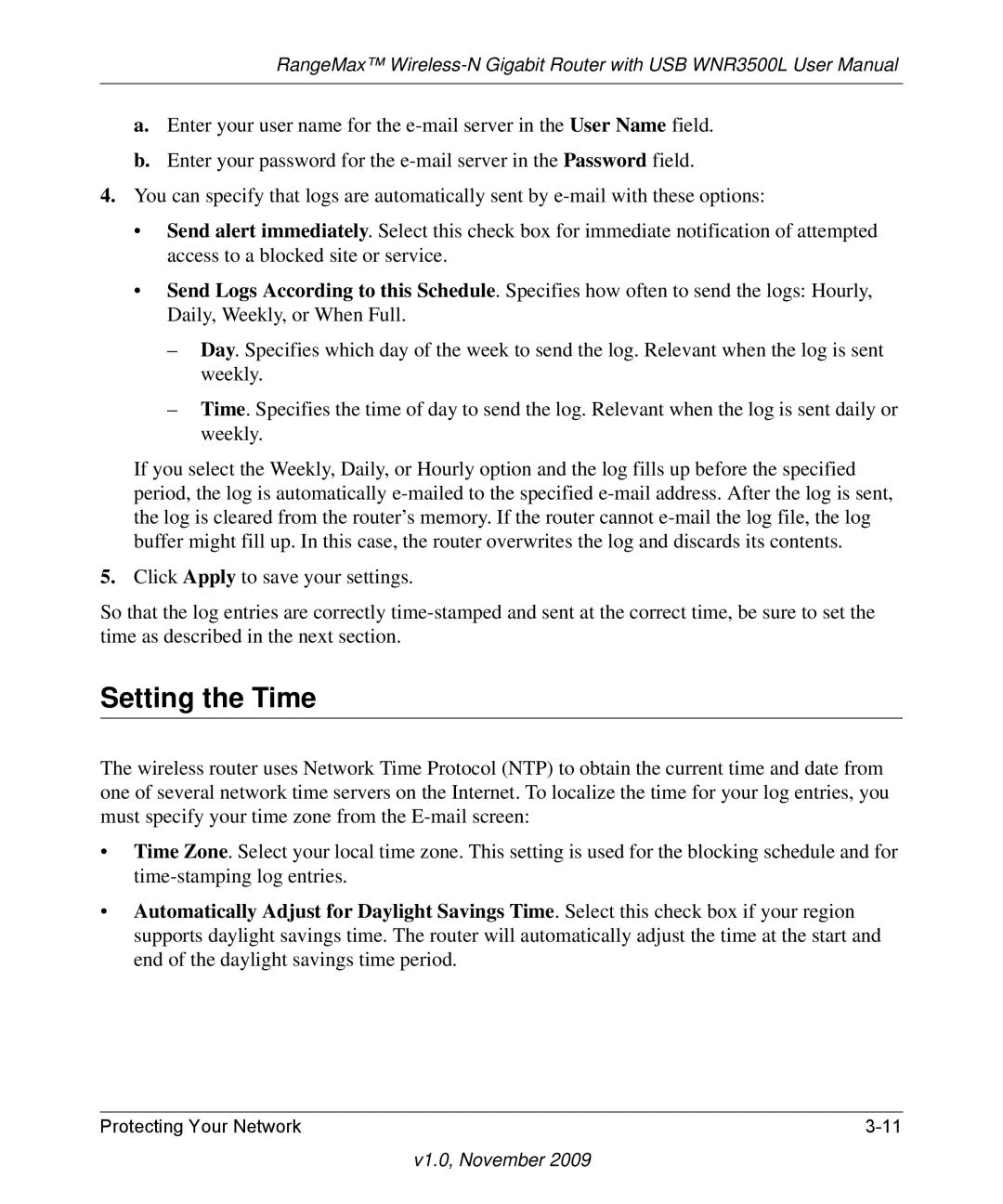 NETGEAR WNR3500L-100NAS user manual Setting the Time 