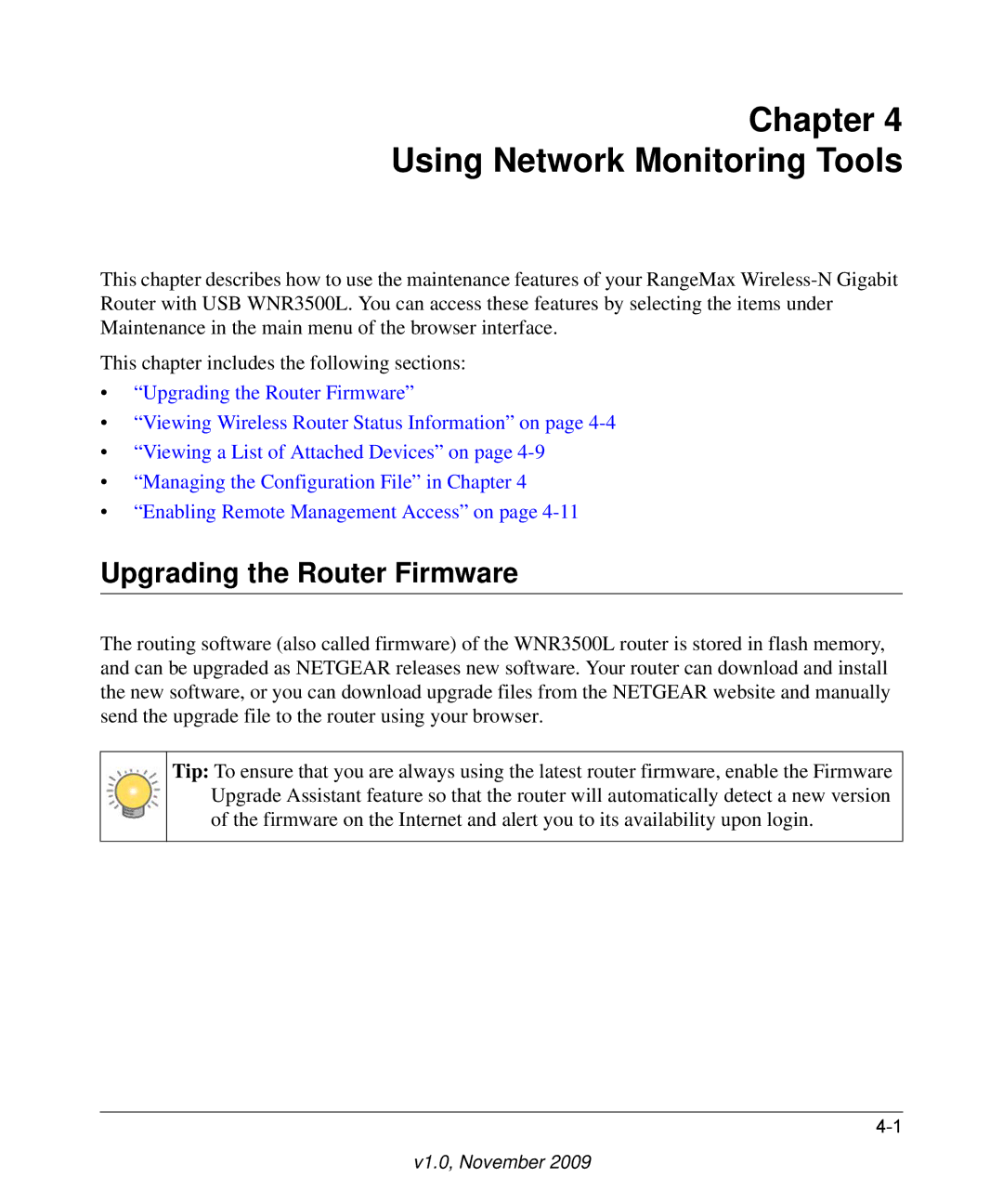 NETGEAR WNR3500L-100NAS user manual Chapter Using Network Monitoring Tools, Upgrading the Router Firmware 