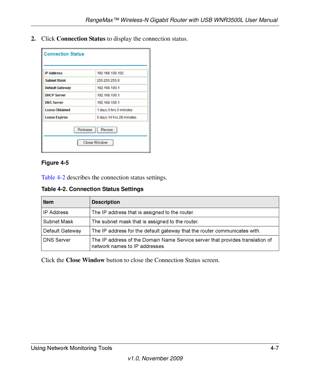 NETGEAR WNR3500L-100NAS user manual Connection Status Settings 