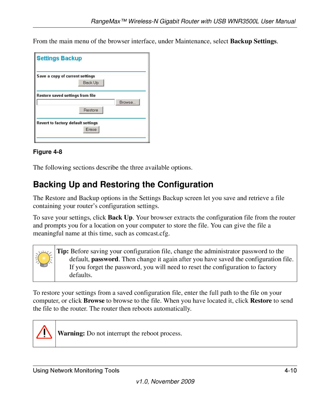 NETGEAR WNR3500L-100NAS user manual Backing Up and Restoring the Configuration 