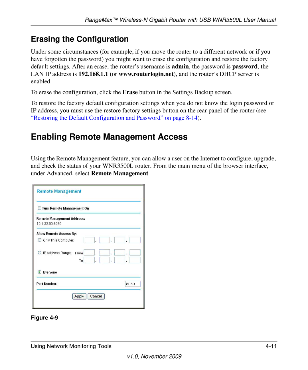 NETGEAR WNR3500L-100NAS user manual Enabling Remote Management Access, Erasing the Configuration 