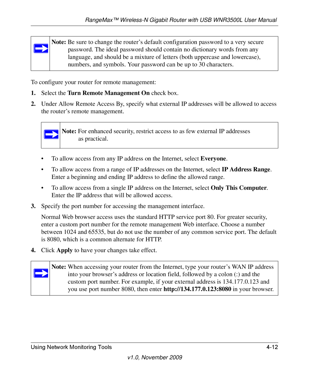 NETGEAR WNR3500L-100NAS user manual Select the Turn Remote Management On check box 