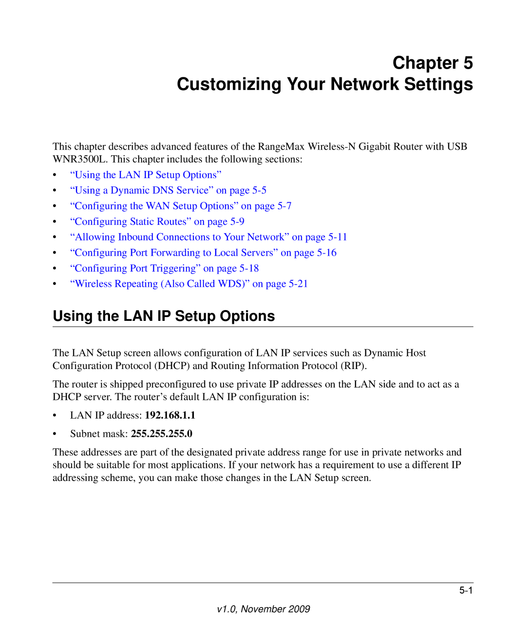 NETGEAR WNR3500L-100NAS user manual Chapter Customizing Your Network Settings, Using the LAN IP Setup Options 