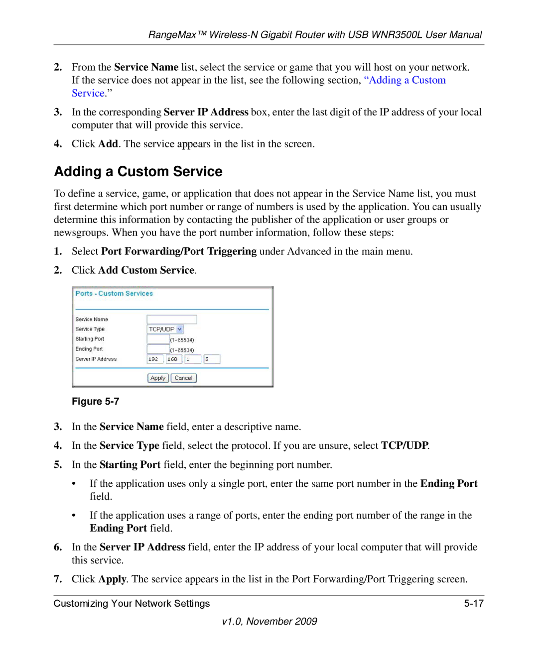 NETGEAR WNR3500L-100NAS user manual Adding a Custom Service, Click Add Custom Service 